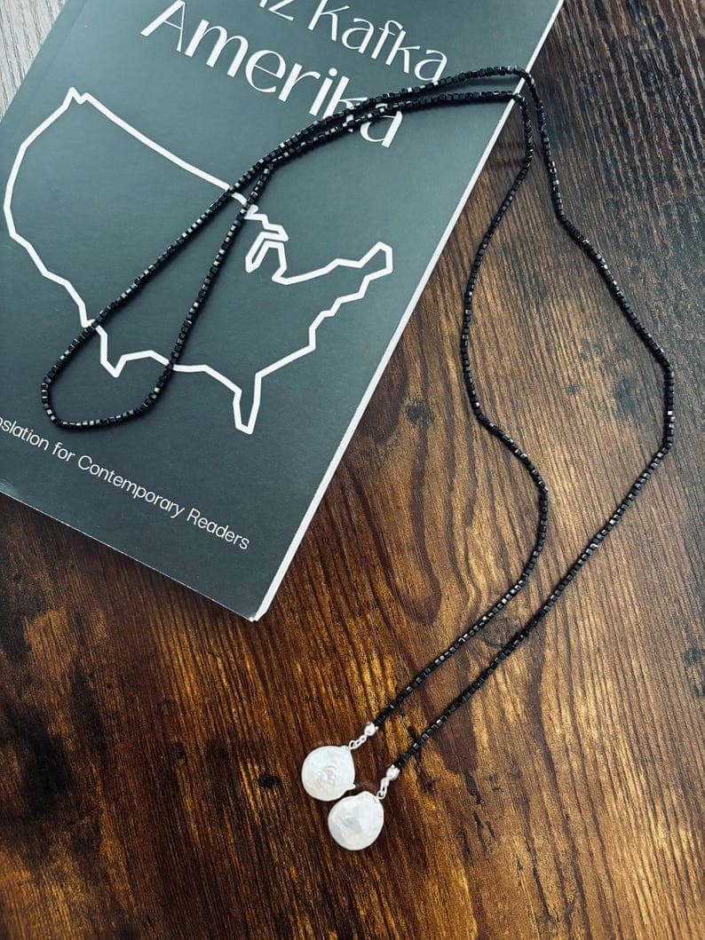 Black Lariat Tie Necklace | Natural Tourmaline, Large Freshwater Baroque Pearls preview 2
