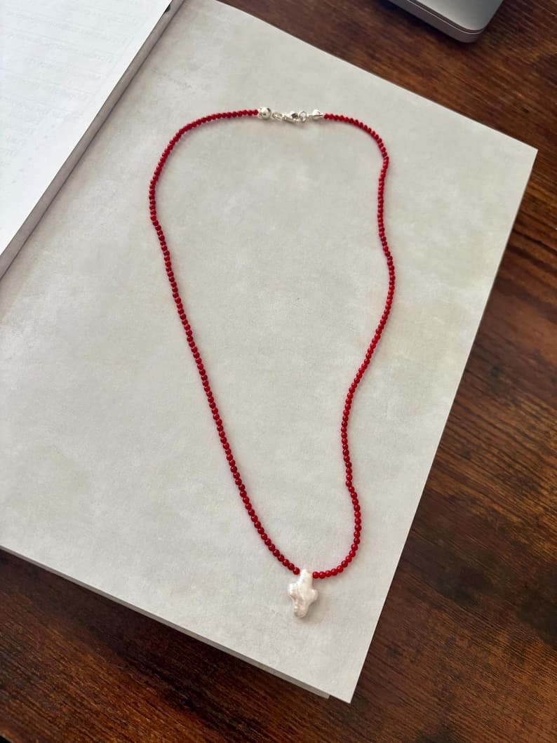 Red Coral Round Beads Necklace, Baroque Freshwater Cross Pearl Pendant, Sterling Silver Clasp, Handmade preview 2