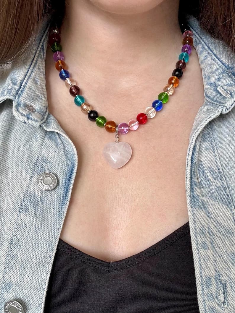 Multicolor Glass Beaded Necklace with Heart-Shaped White Quartz Pendant, 925 Silver Clasp