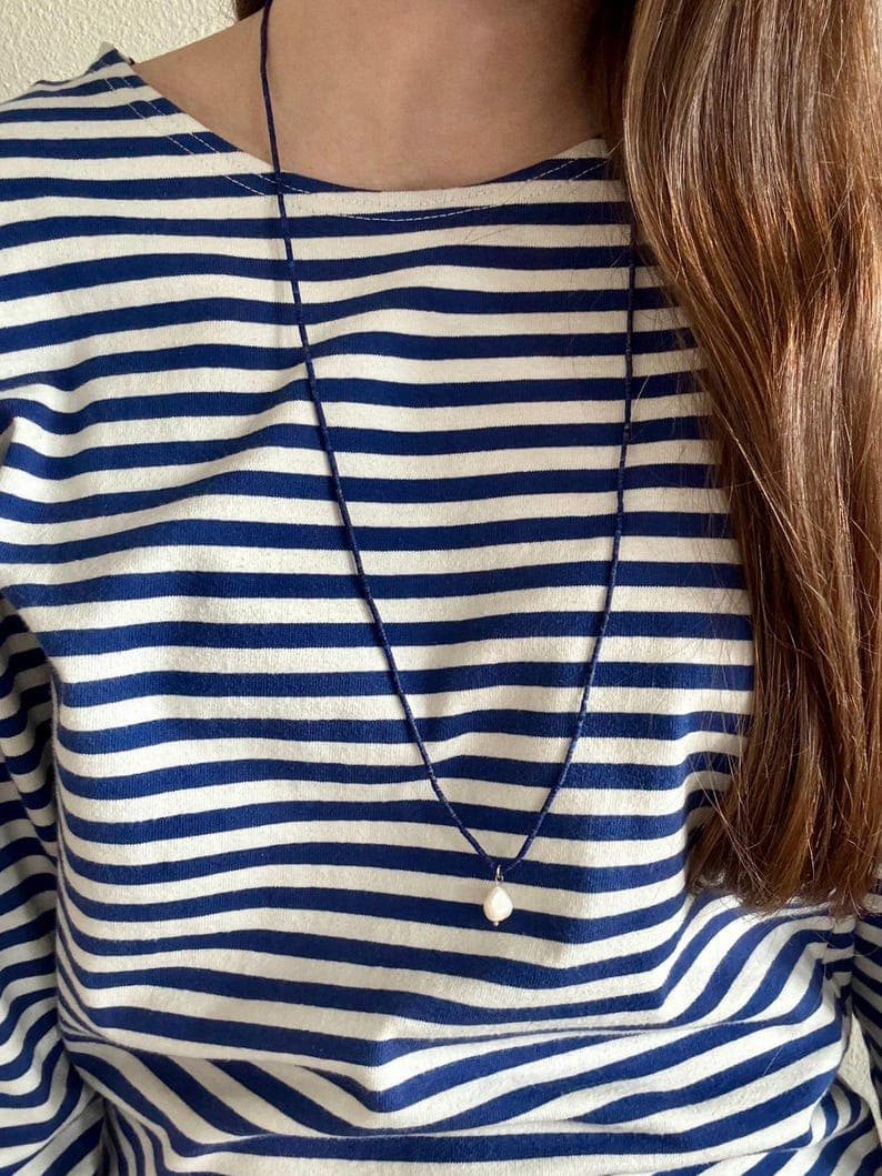 Lapis Lazuli Long Necklace with Baroque Freshwater Pearl Pendant, Handmade Jewelry, 925 Silver Clasp preview 3