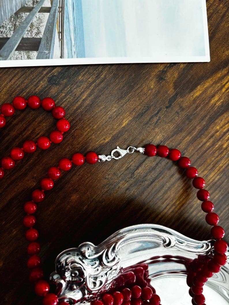 Red Coral Long Beaded Necklace | Sterling Silver Clasp preview 4