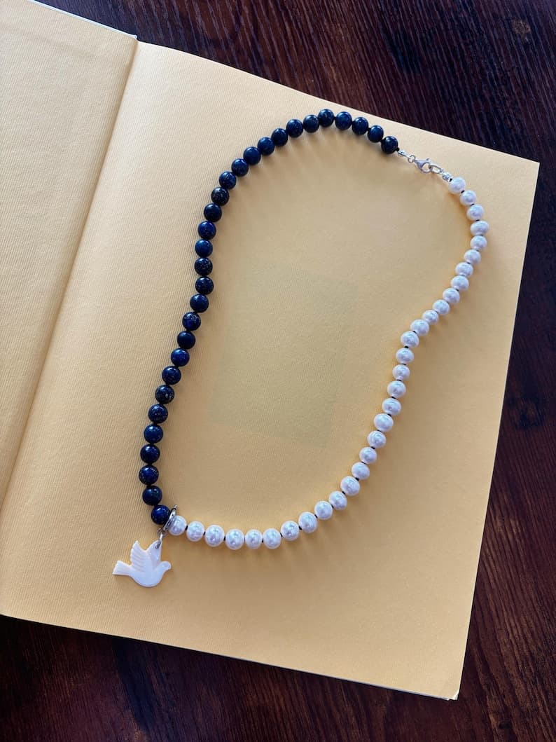 Lapis Lazuli & Freshwater Pearl Necklace with Shell Dove Pendant preview 2