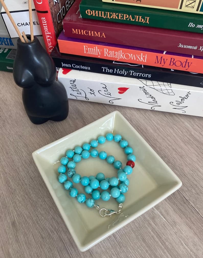 Turquoise Necklace, Short Beaded Choker, 925 Sterling Silver Clasp, Silk Thread, Handmade Jewelry preview 3