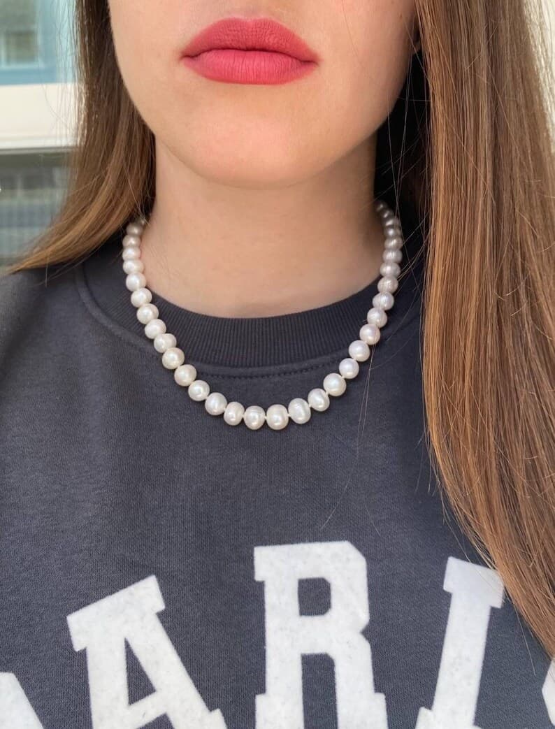 Large Freshwater Pearl Necklace, Hand-Knotted, Sterling Silver Clasp preview 4