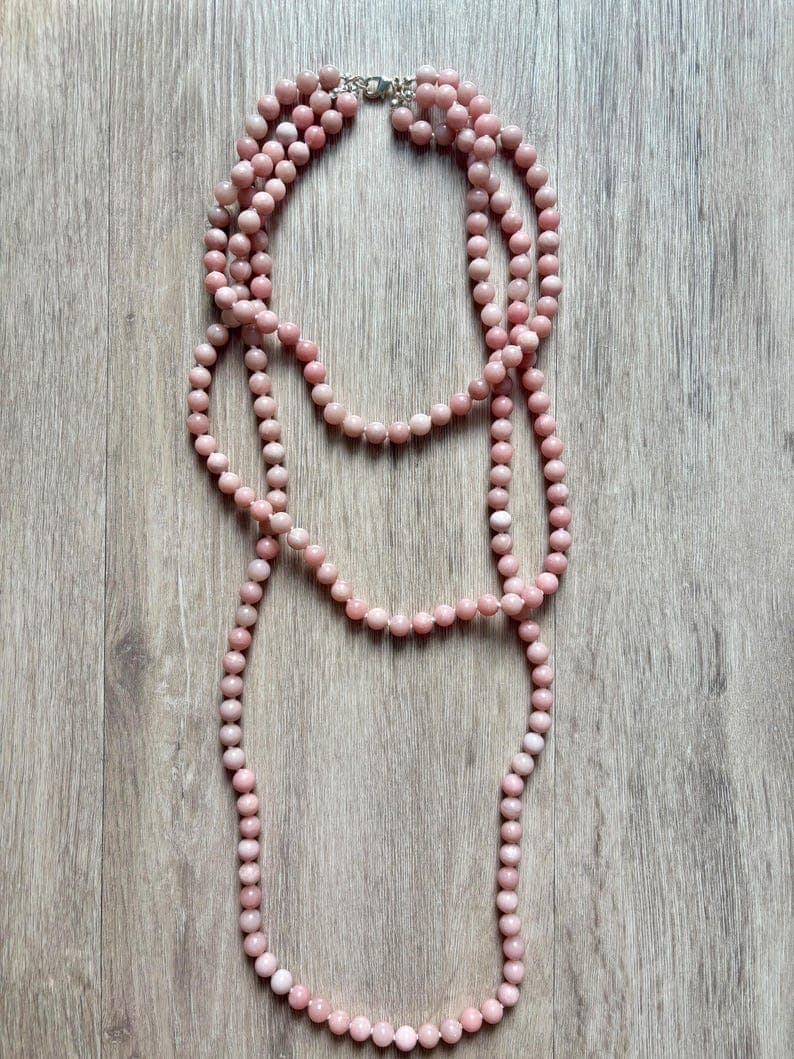Pink Opal Necklace, 3-Strand, Sterling Silver Clasp, Hand-Knotted preview 2