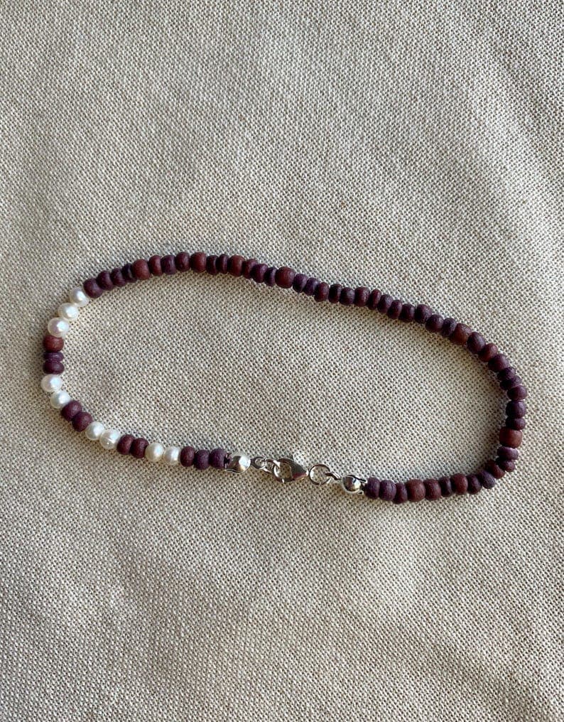 Natural Wooden Bead Bracelet, Freshwater Pearls, Silver Clasp preview 2