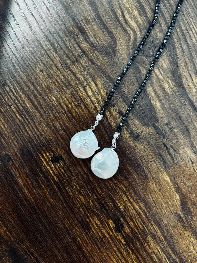 Black Lariat Tie Necklace | Natural Tourmaline, Large Freshwater Baroque Pearls preview 4