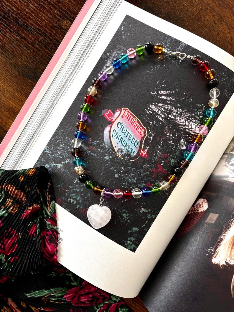Multicolor Glass Beaded Necklace with Heart-Shaped White Quartz Pendant, 925 Silver Clasp preview 3