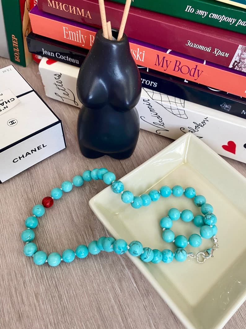 Turquoise Necklace, Short Beaded Choker, 925 Sterling Silver Clasp, Silk Thread, Handmade Jewelry preview 2