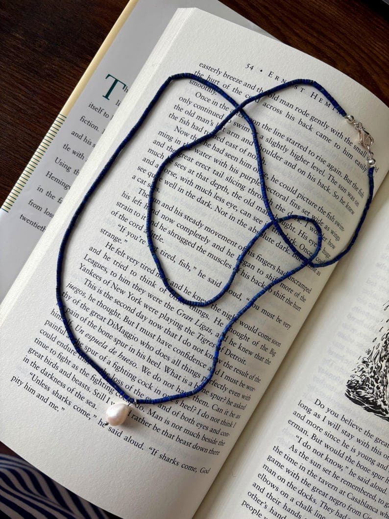 Lapis Lazuli Long Necklace with Baroque Freshwater Pearl Pendant, Handmade Jewelry, 925 Silver Clasp preview 4