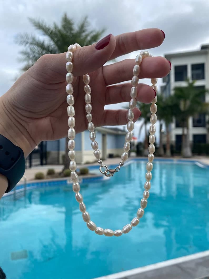 Freshwater Rice Pearl Necklace, Sterling Silver Clasp, Hand-Strung Beaded Necklace, Minimalist Jewelry preview 4