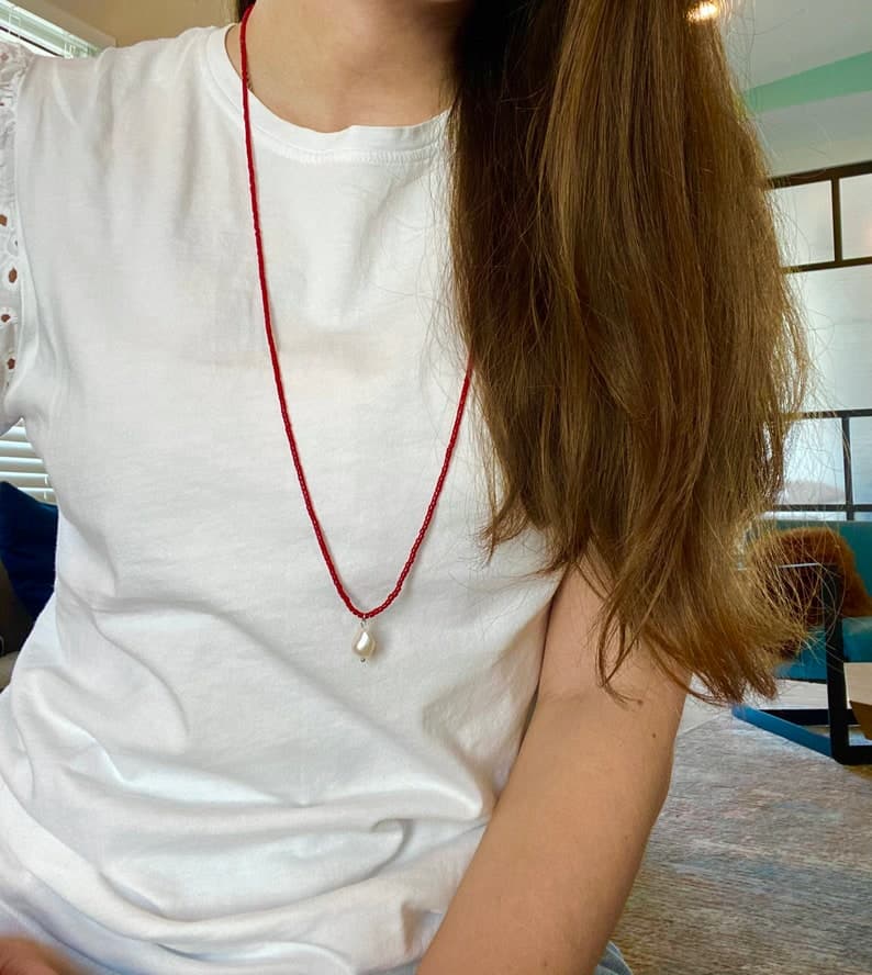 Coral Long Pendant Necklace with Baroque Freshwater Pearl, Sterling Silver Clasp preview 2