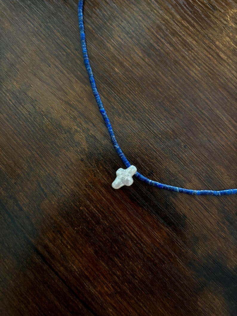 Blue Lapis Lazuli Necklace with Baroque Freshwater Cross Pearl Pendant, 925 Silver Clasp, Handmade preview 3