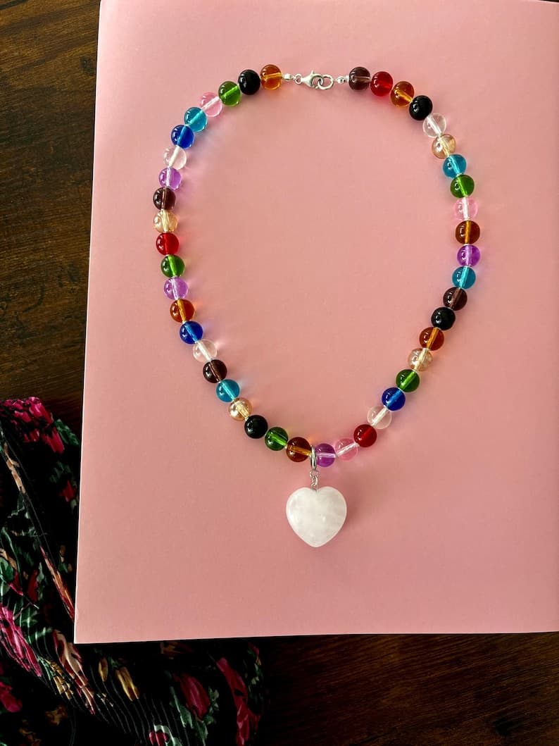 Multicolor Glass Beaded Necklace with Heart-Shaped White Quartz Pendant, 925 Silver Clasp preview 4