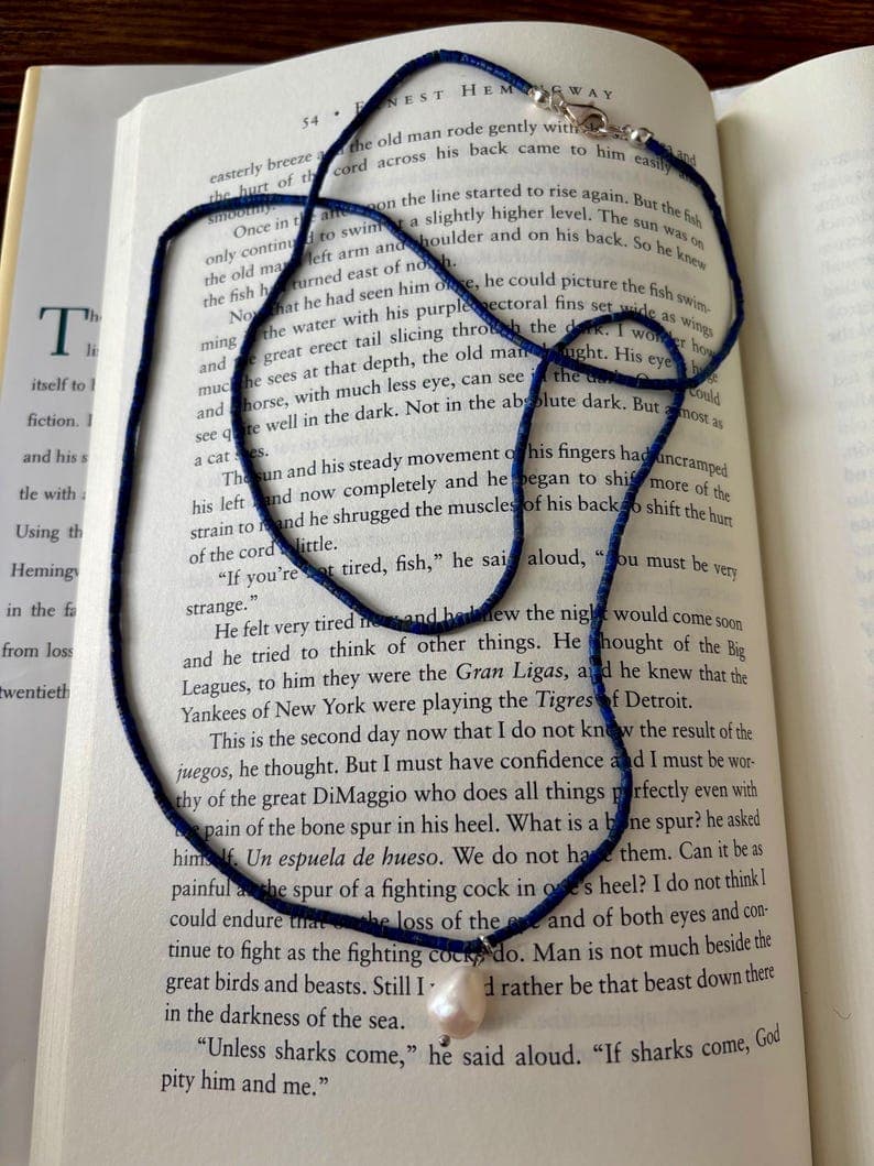 Lapis Lazuli Long Necklace with Baroque Freshwater Pearl Pendant, Handmade Jewelry, 925 Silver Clasp preview 2