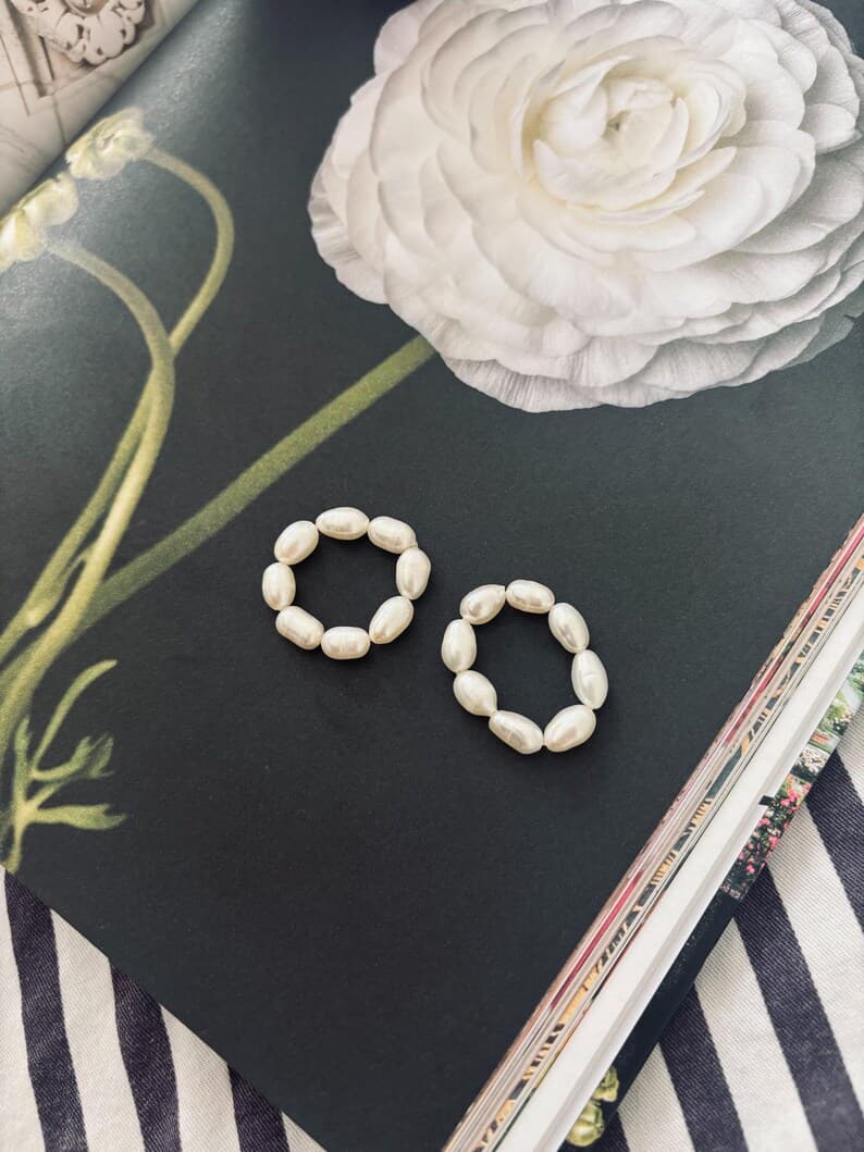 Rice Shape Freshwater Pearl Ring • Handmade Beaded Elastic Ring, Knot-Free preview 4