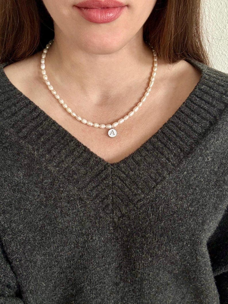 Personalized Freshwater Pearl Necklace, Initial Charm Letter, Sterling Silver, Personalized Gift, Handmade Jewelry