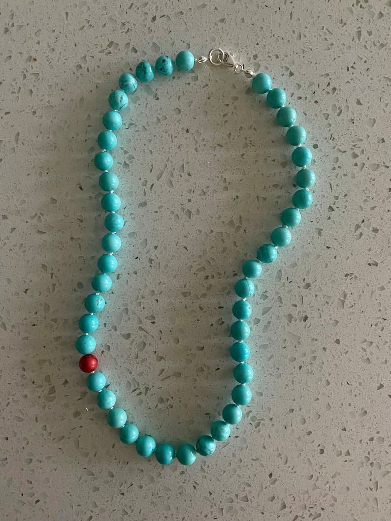 Turquoise Necklace, Short Beaded Choker, 925 Sterling Silver Clasp, Silk Thread, Handmade Jewelry preview 4