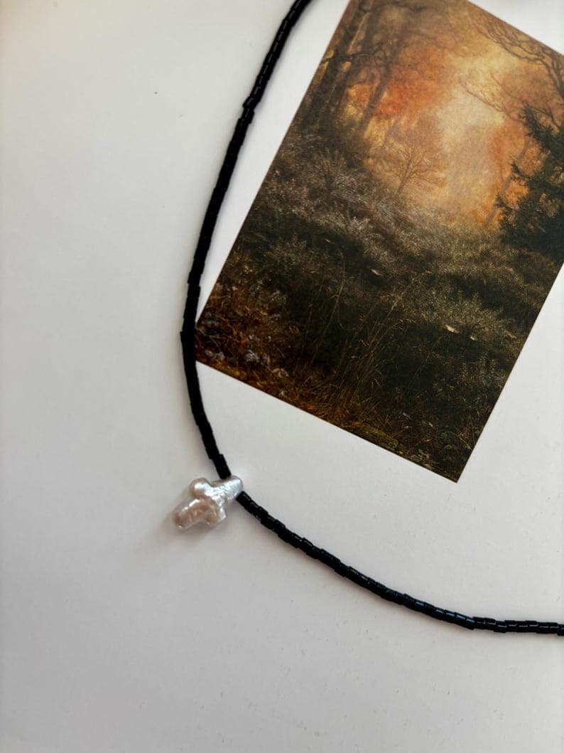 Black Tourmaline Necklace with Baroque Freshwater Cross Pearl Pendant, 925 Silver Clasp, Handmade Jewelry preview 3