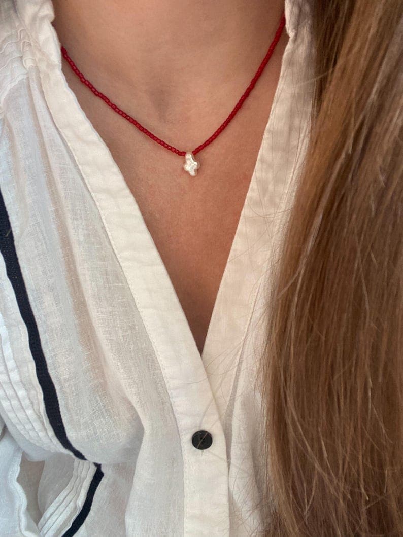 Red Coral Necklace with Baroque Freshwater Cross Pearl Pendant, 925 Silver Clasp, Handmade Jewelry preview 4