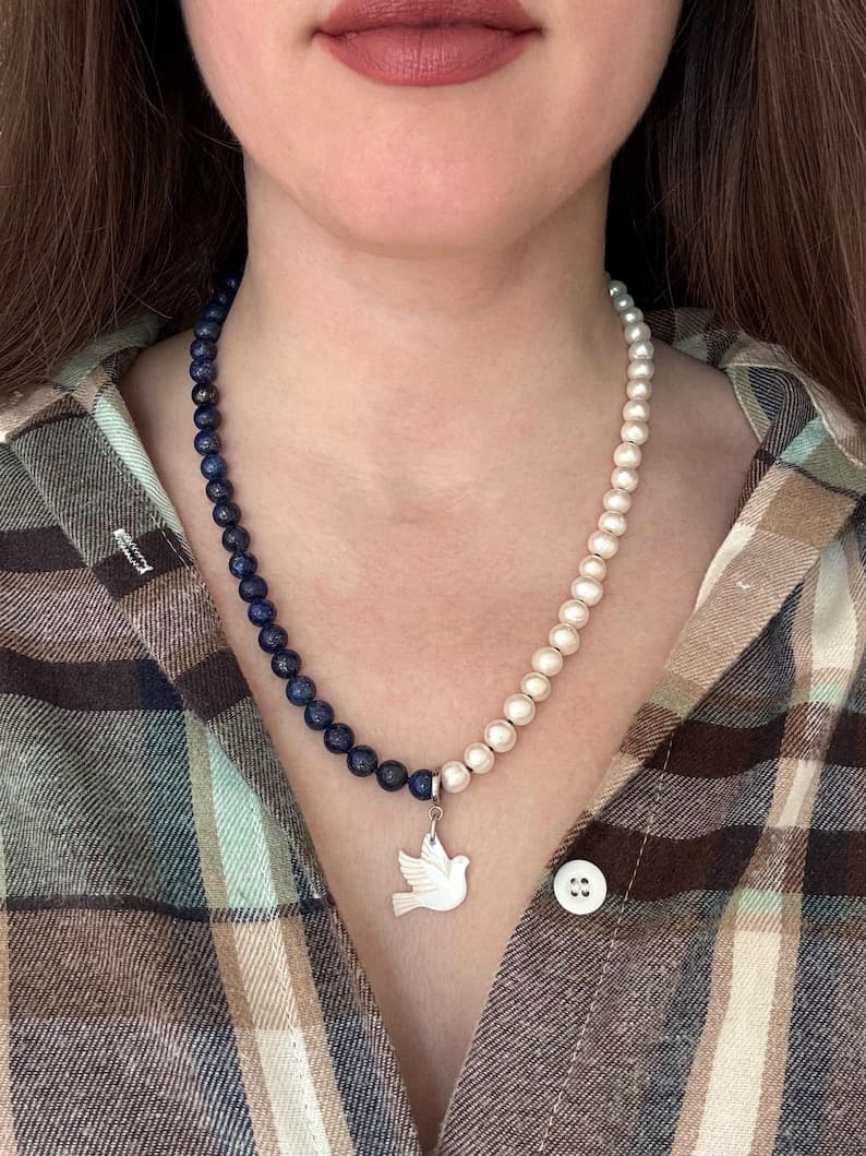 Lapis Lazuli & Freshwater Pearl Necklace with Shell Dove Pendant