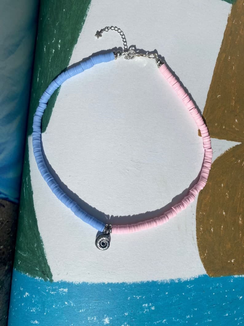 Polymer Heishi Bead Choker, Antique Silver Pendant, Sterling Silver Clasp preview 4