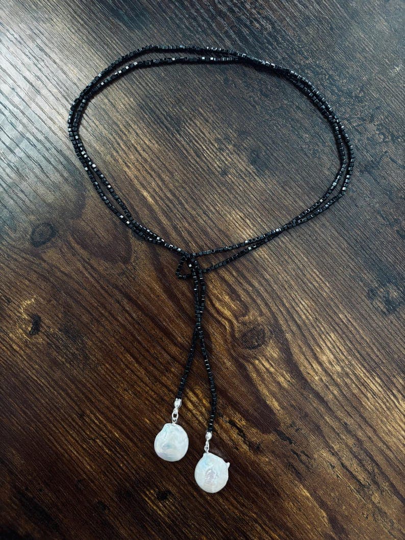 Black Lariat Tie Necklace | Natural Tourmaline, Large Freshwater Baroque Pearls preview 3