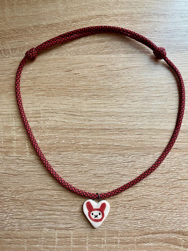 Paracord Necklace, Pink Rabbit Ceramic Heart Pendant, Adjustable Length preview 2