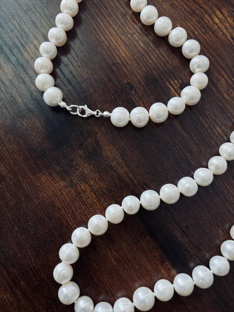 Large Freshwater Pearl Long Necklace, Pearl Strand, Hand-Knotted, Sterling Silver Clasp preview 4