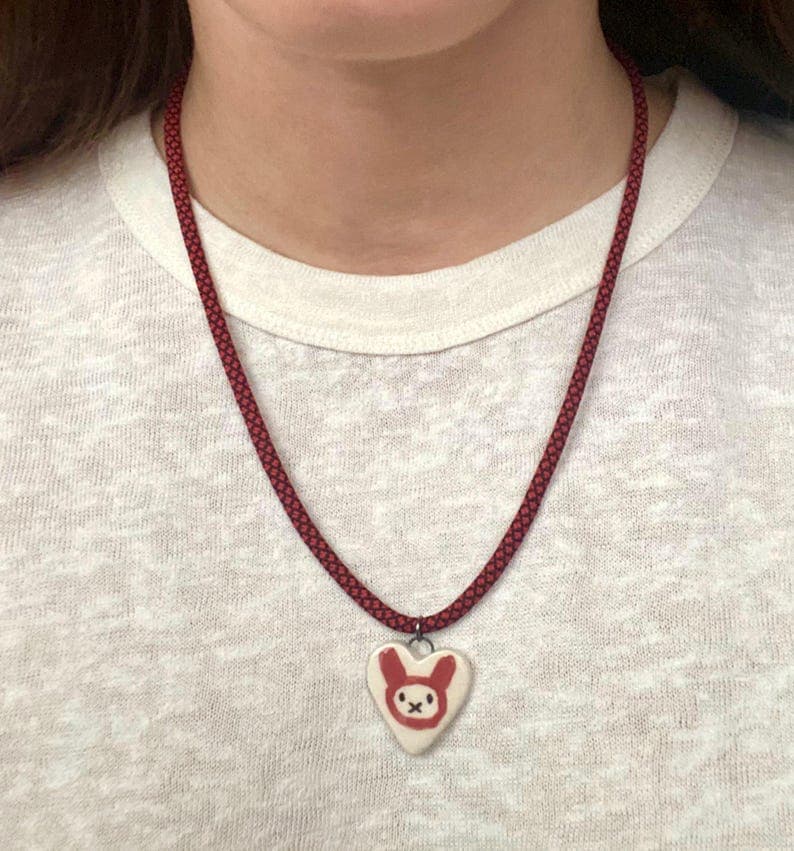 Paracord Necklace, Pink Rabbit Ceramic Heart Pendant, Adjustable Length preview 4