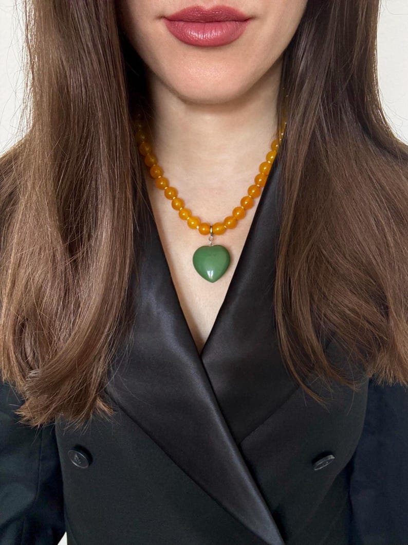 Yellow Agate Beaded Necklace with Heart-Shaped Green Aventurine Pendant, 925 Silver Clasp