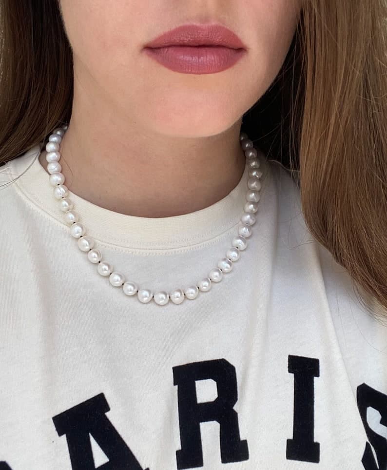 Large Freshwater Pearl Necklace, Hand-Knotted on Black Silk Thread, Sterling Silver Clasp preview 2