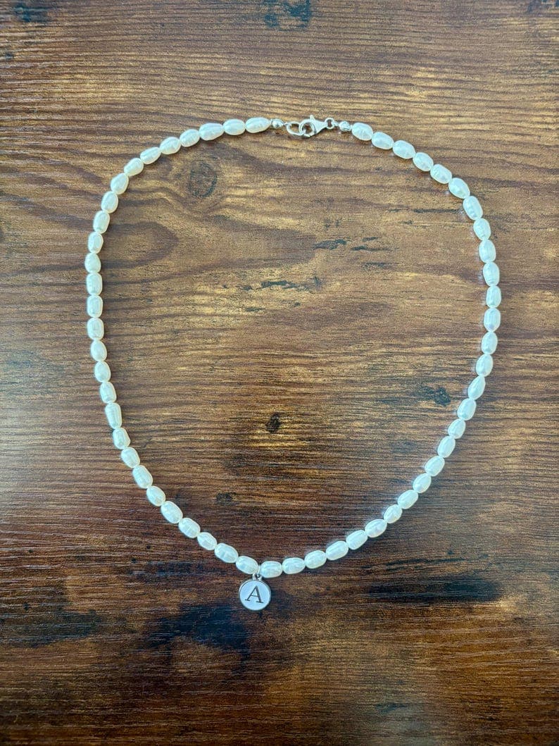 Personalized Freshwater Pearl Necklace, Initial Charm Letter, Sterling Silver, Personalized Gift, Handmade Jewelry preview 3