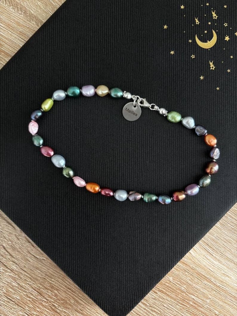 Multicolor Freshwater Rice Pearl Anklet, 925 Sterling Silver Clasp