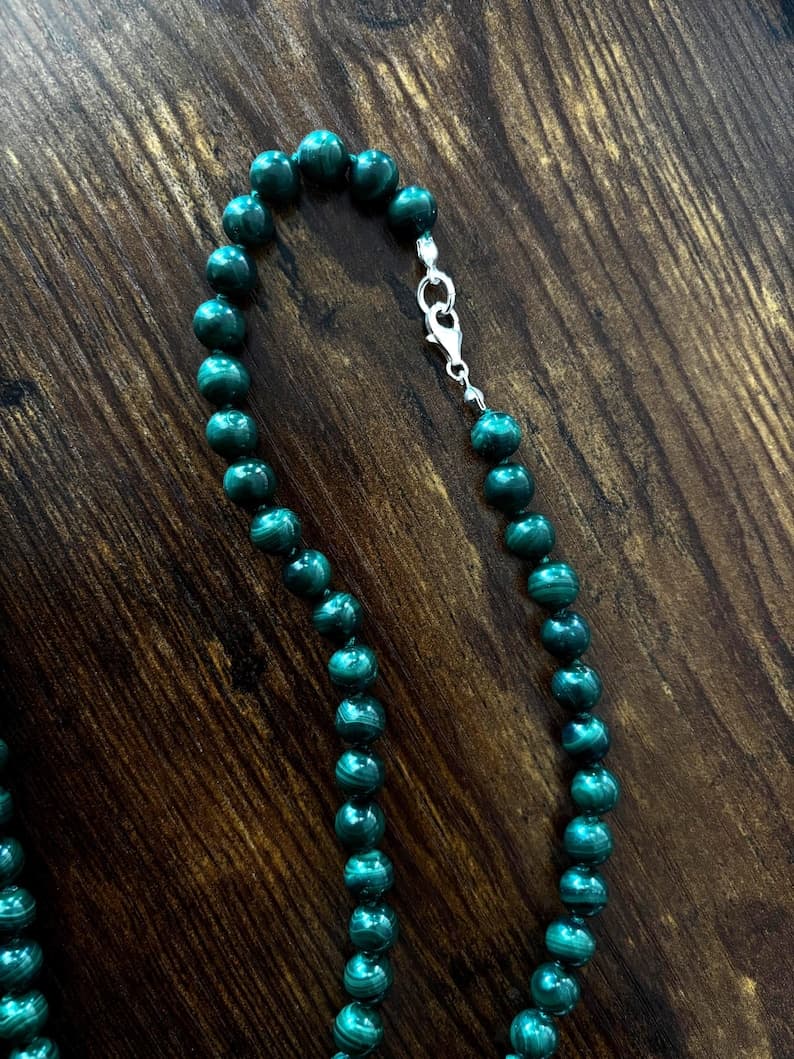 Malachite Beaded Long Necklace, Sterling Silver Clasp preview 4