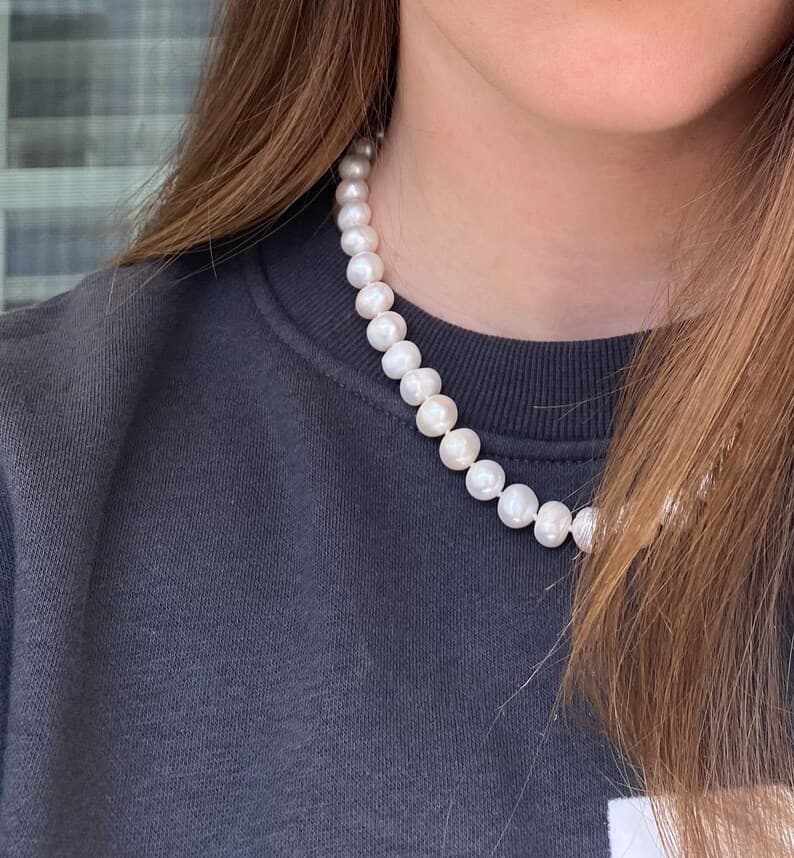 Large Freshwater Pearl Necklace, Hand-Knotted, Sterling Silver Clasp preview 3