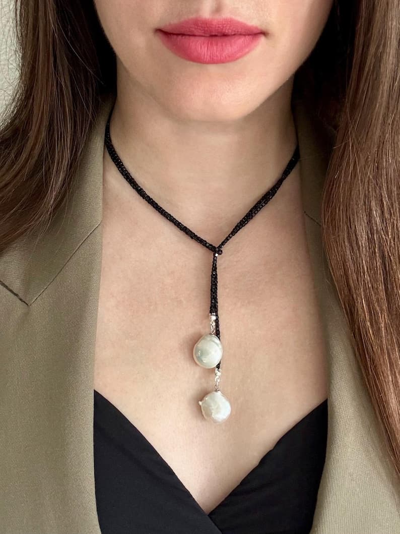 Black Lariat Tie Necklace | Natural Tourmaline, Large Freshwater Baroque Pearls