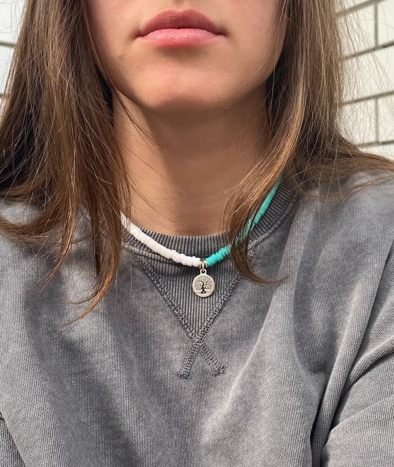 Polymer Heishi Bead Choker, Antique Silver Pendant, Sterling Silver Clasp preview 3