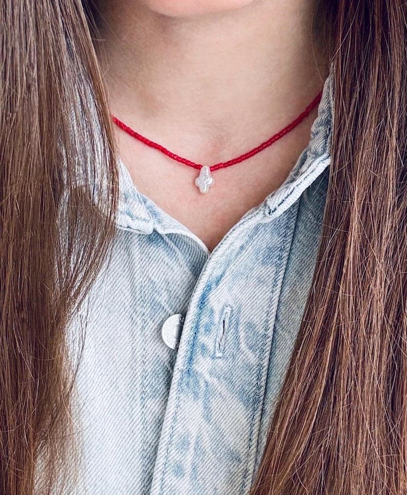 Red Coral Necklace with Baroque Freshwater Cross Pearl Pendant, 925 Silver Clasp, Handmade Jewelry preview 3
