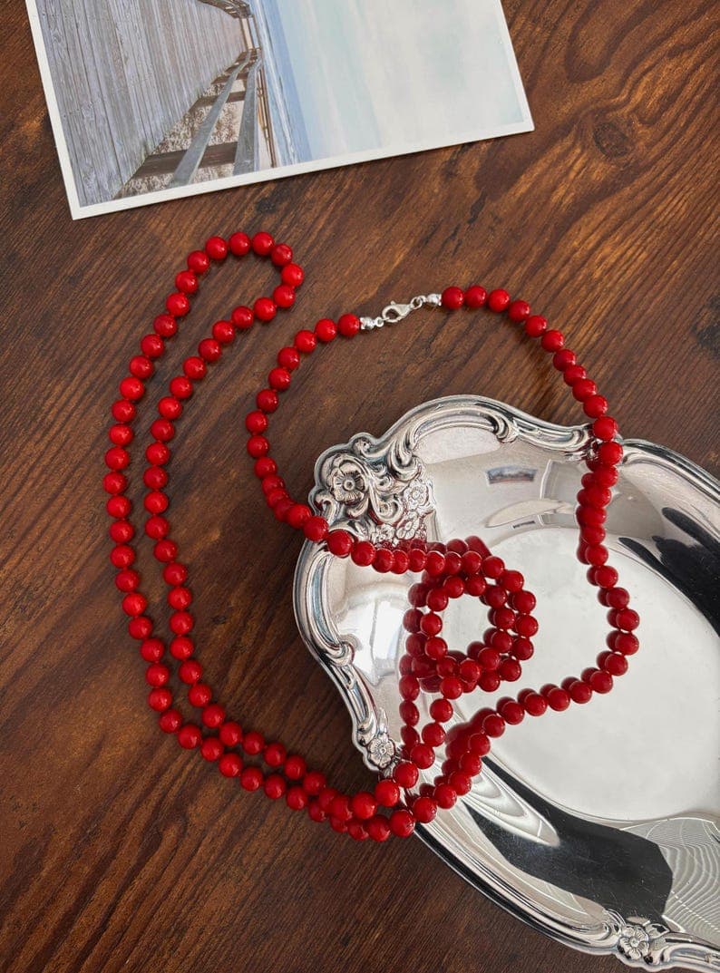 Red Coral Long Beaded Necklace | Sterling Silver Clasp preview 2
