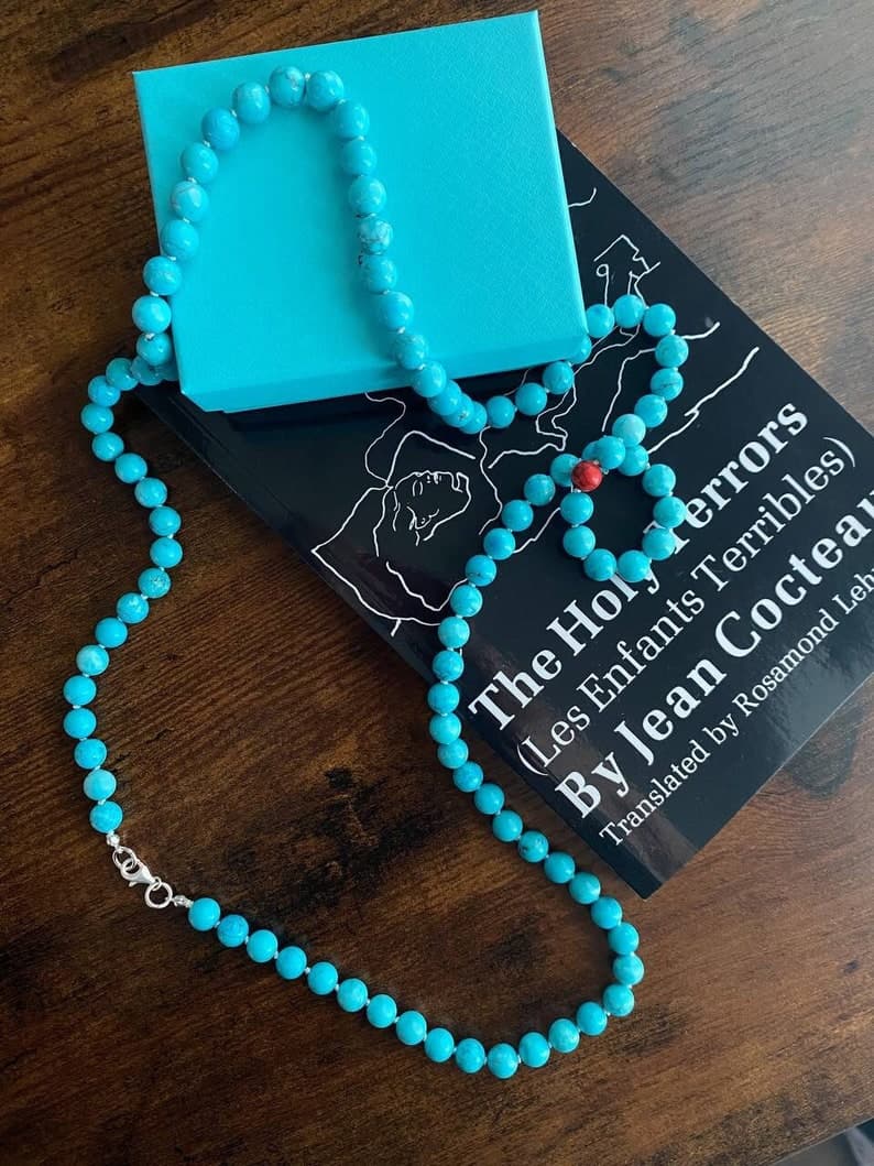 Turquoise Beaded Long Necklace, Sterling Silver Clasp, Boho Style, Handmade Jewelry preview 2