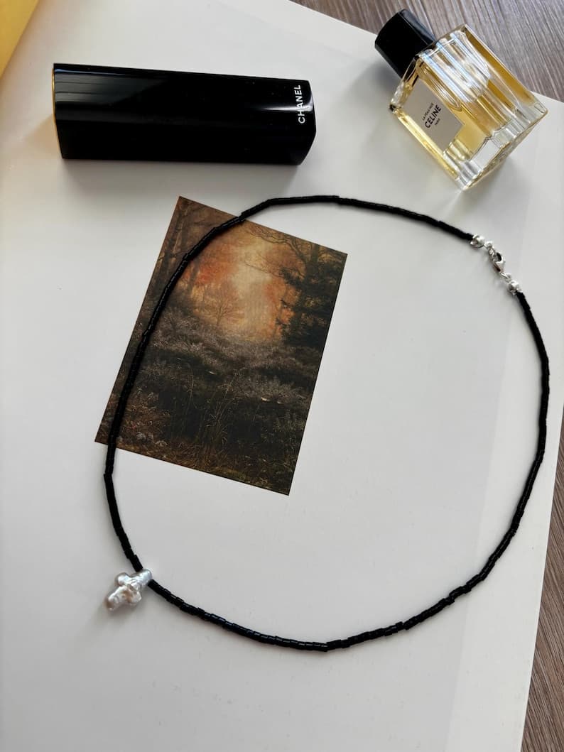 Black Tourmaline Necklace with Baroque Freshwater Cross Pearl Pendant, 925 Silver Clasp, Handmade Jewelry preview 2