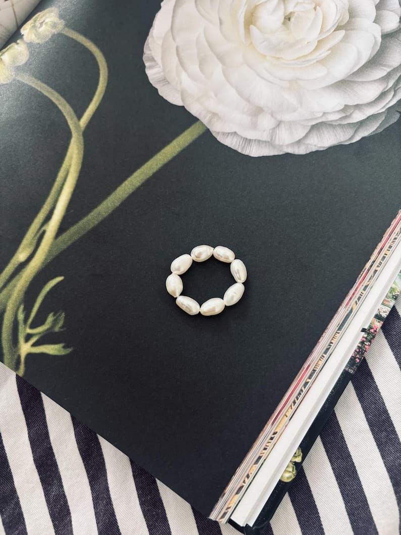 Rice Shape Freshwater Pearl Ring • Handmade Beaded Elastic Ring, Knot-Free