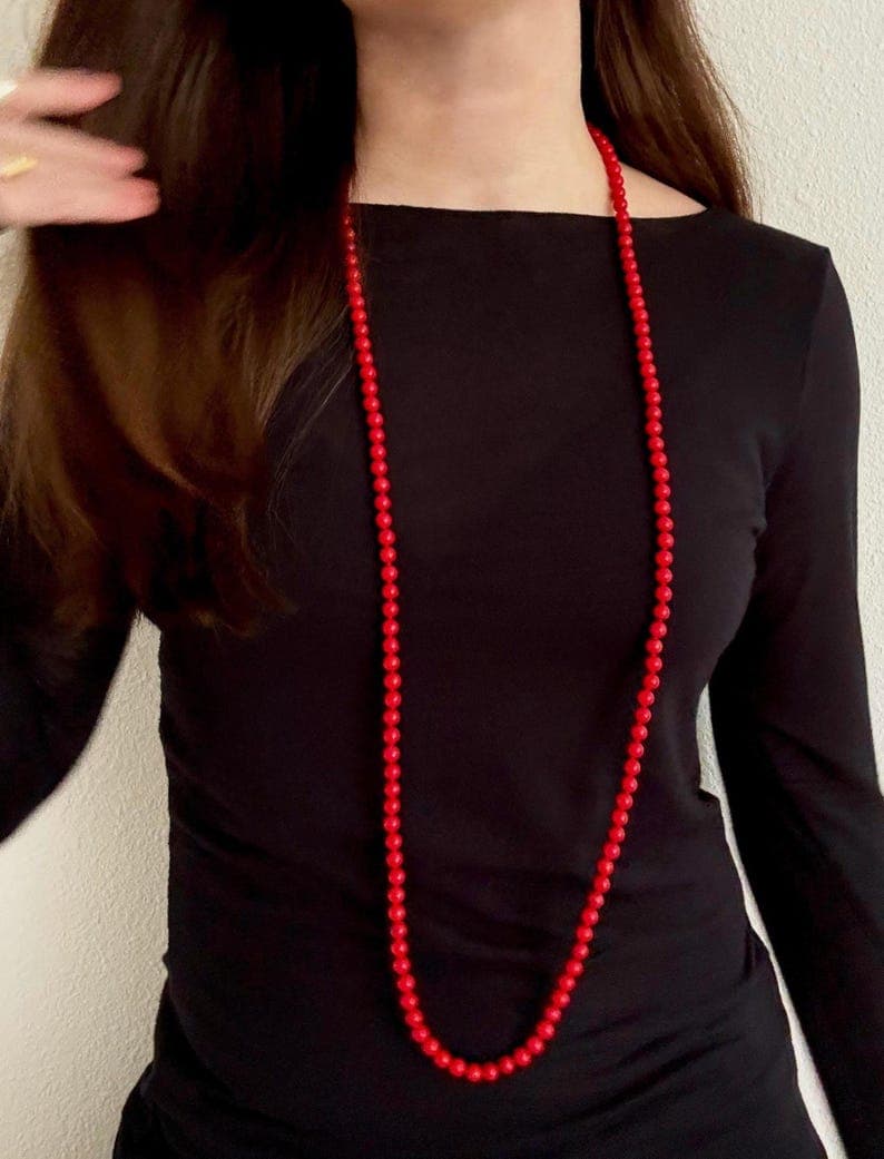Red Coral Long Beaded Necklace | Sterling Silver Clasp