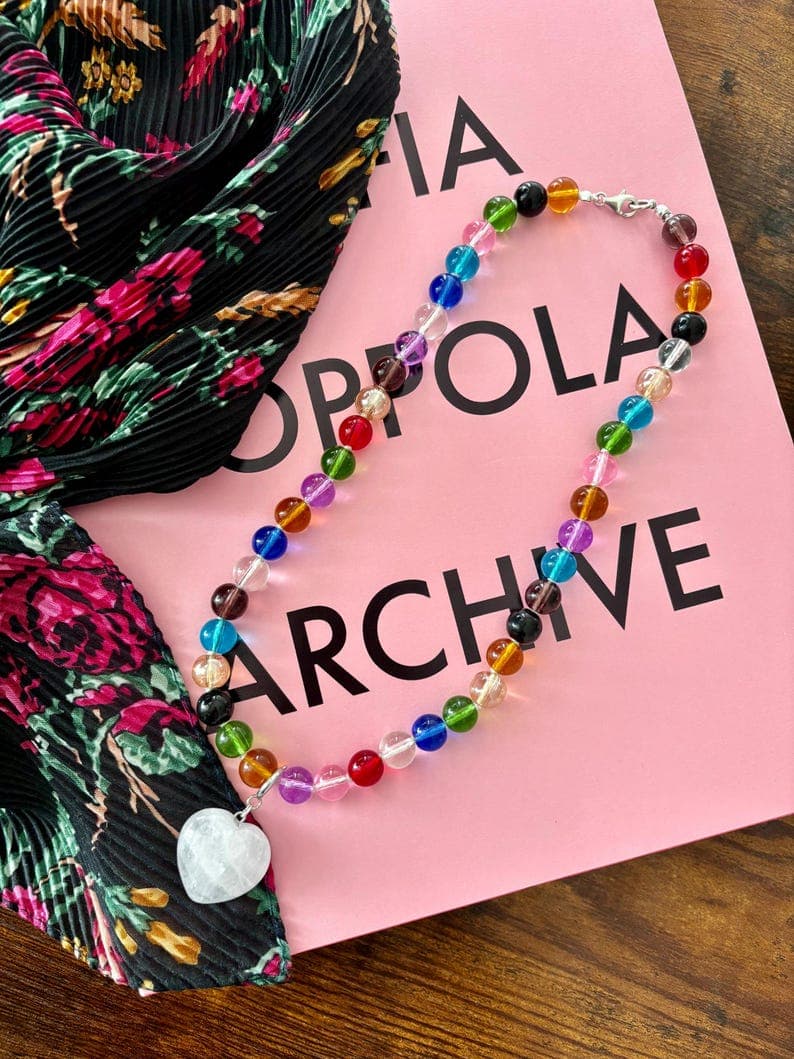 Multicolor Glass Beaded Necklace with Heart-Shaped White Quartz Pendant, 925 Silver Clasp preview 2