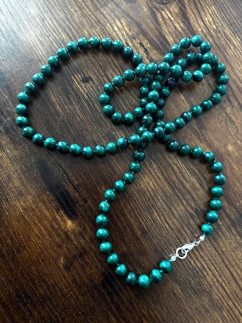 Malachite Beaded Long Necklace, Sterling Silver Clasp preview 2