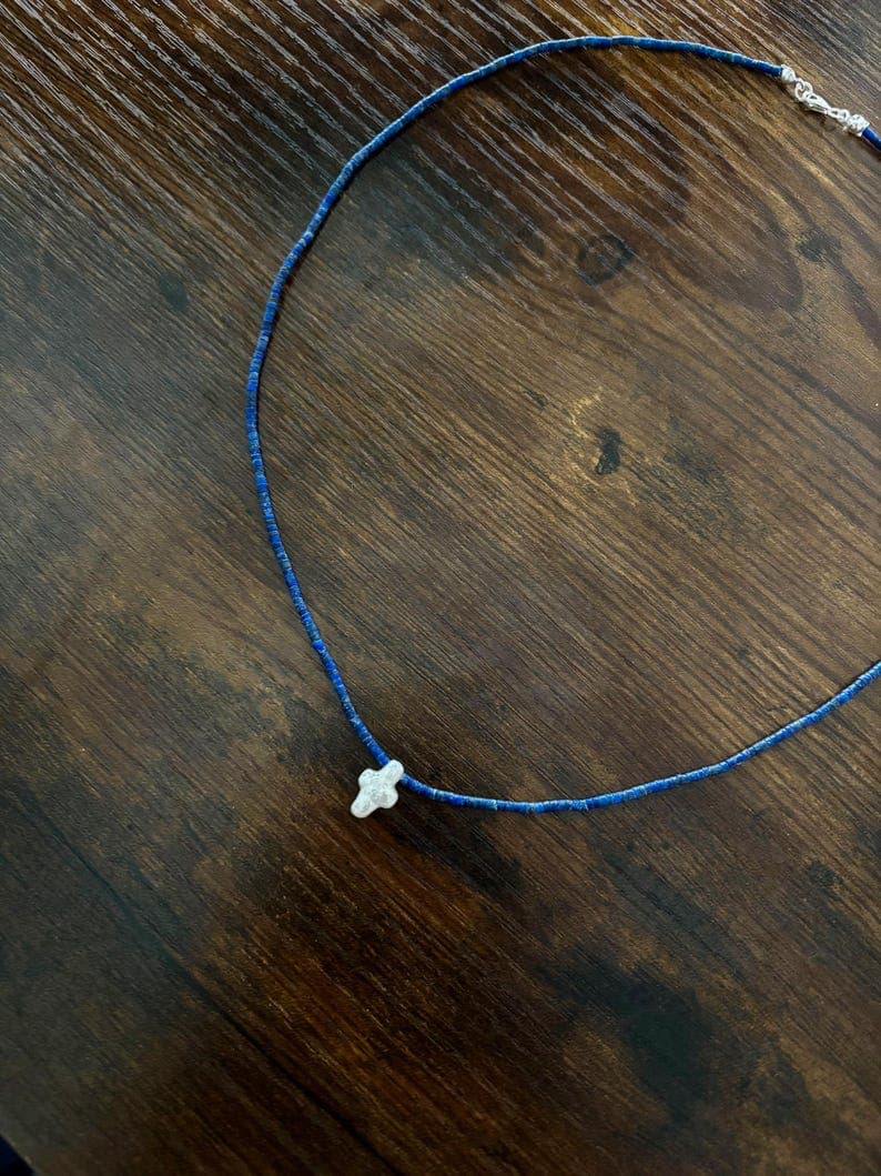 Blue Lapis Lazuli Necklace with Baroque Freshwater Cross Pearl Pendant, 925 Silver Clasp, Handmade preview 2