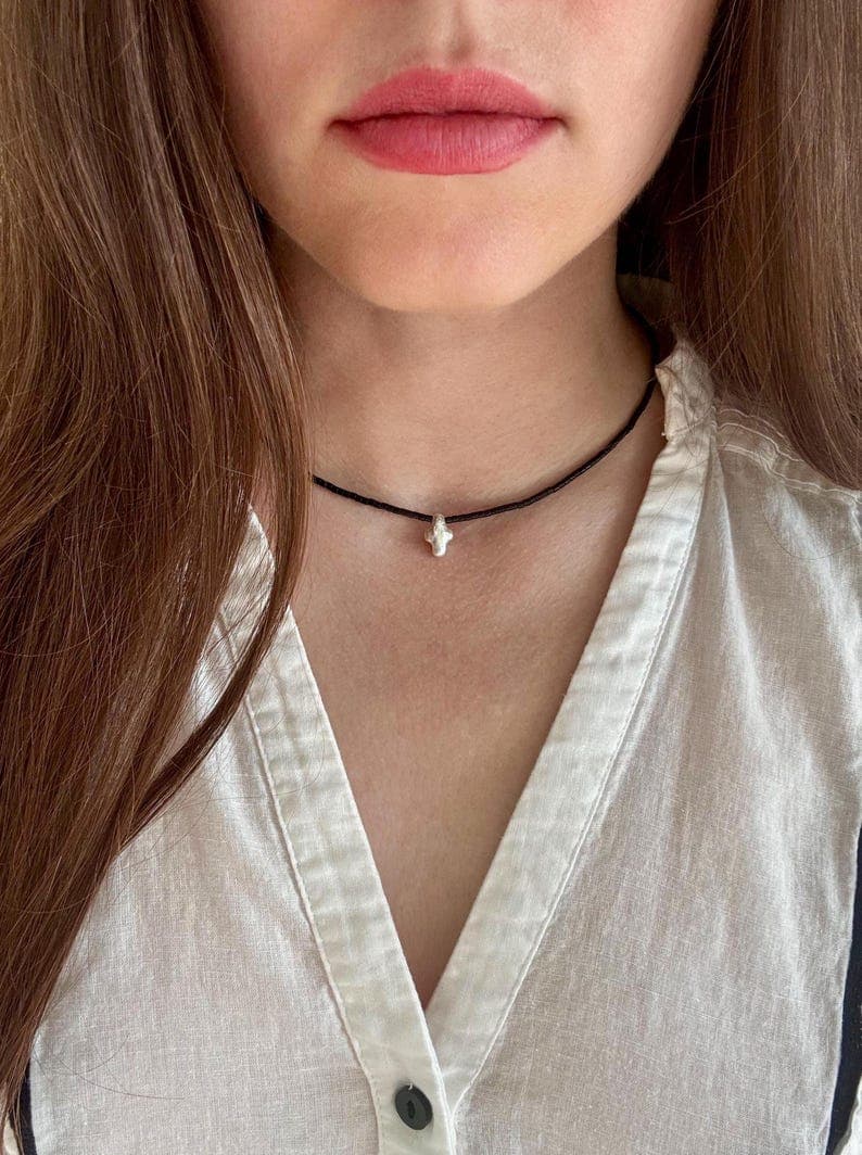 Black Tourmaline Necklace with Baroque Freshwater Cross Pearl Pendant, 925 Silver Clasp, Handmade Jewelry