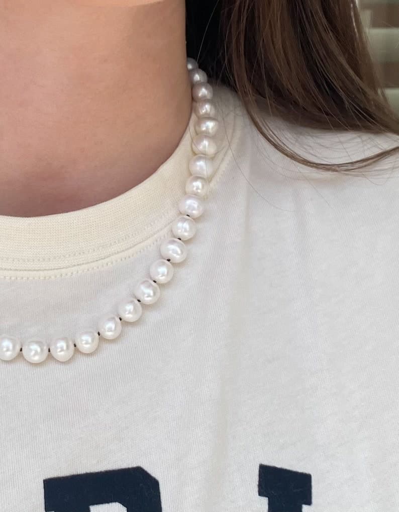 Large Freshwater Pearl Necklace, Hand-Knotted on Black Silk Thread, Sterling Silver Clasp preview 3