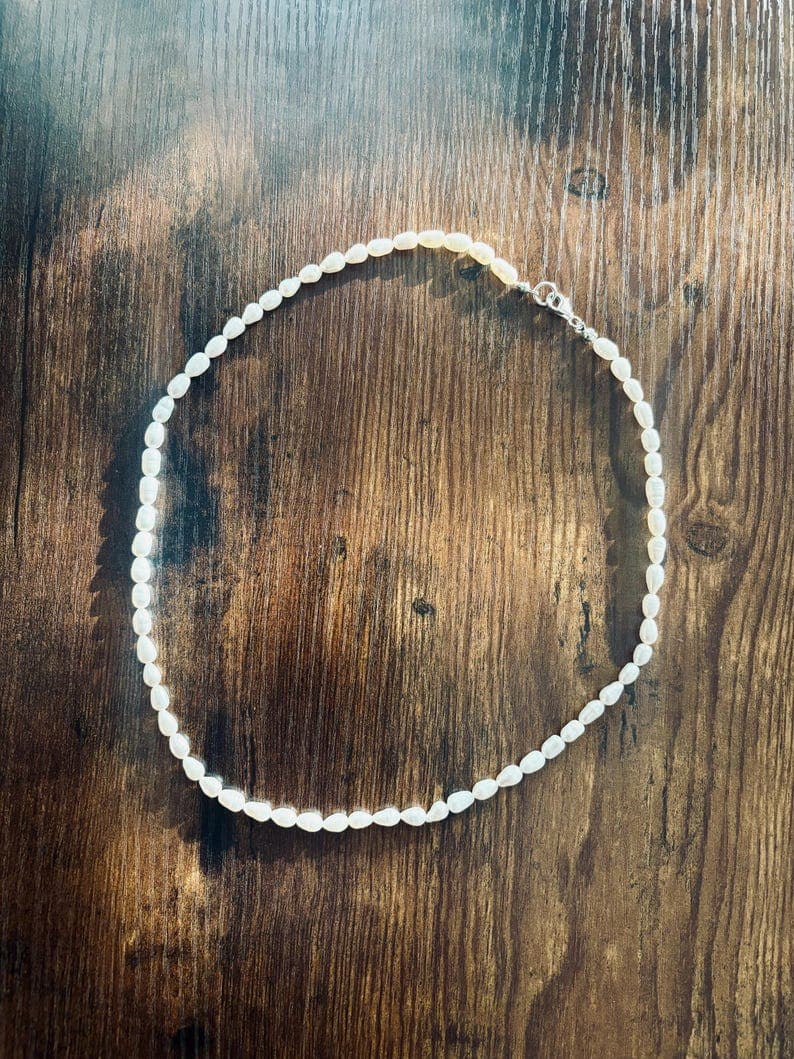 Freshwater Rice Pearl Necklace, Sterling Silver Clasp, Hand-Strung Beaded Necklace, Minimalist Jewelry